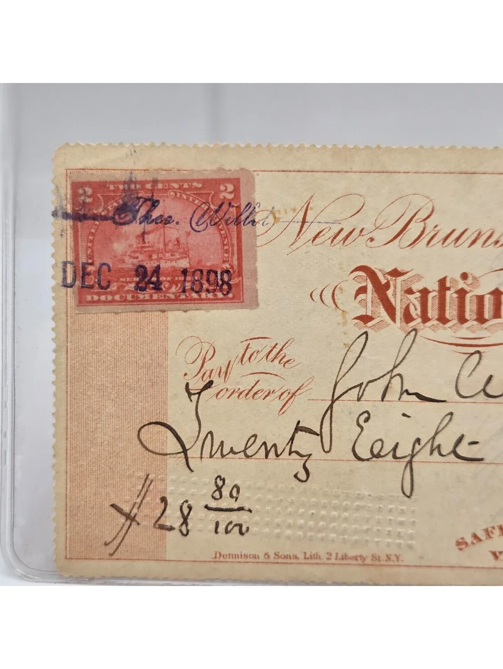 1898 National Bank of New Jersey Check New Brunswick Revenue Stamp Antique